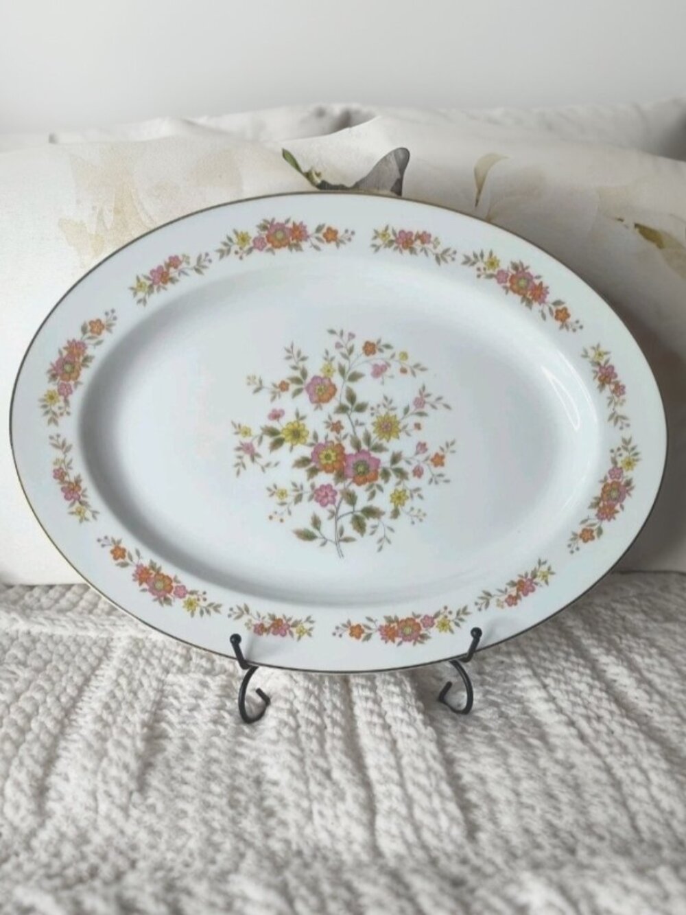 Vintage Royal Wentworth Marcia 14 1/2 Oval Serving Platter Pink Floral Gold Rim